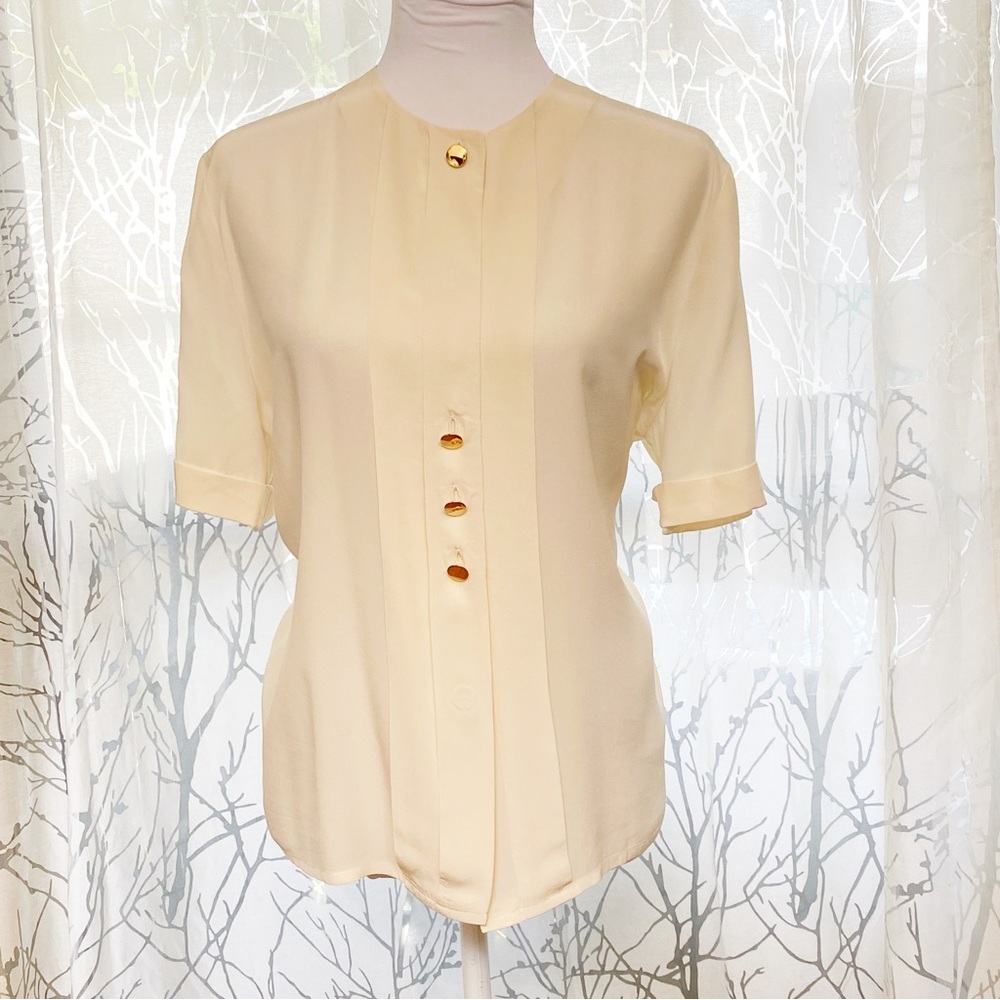 VINTAGE OLEG CASSINI cream beige silk crewneck button up short sleeve blouse top